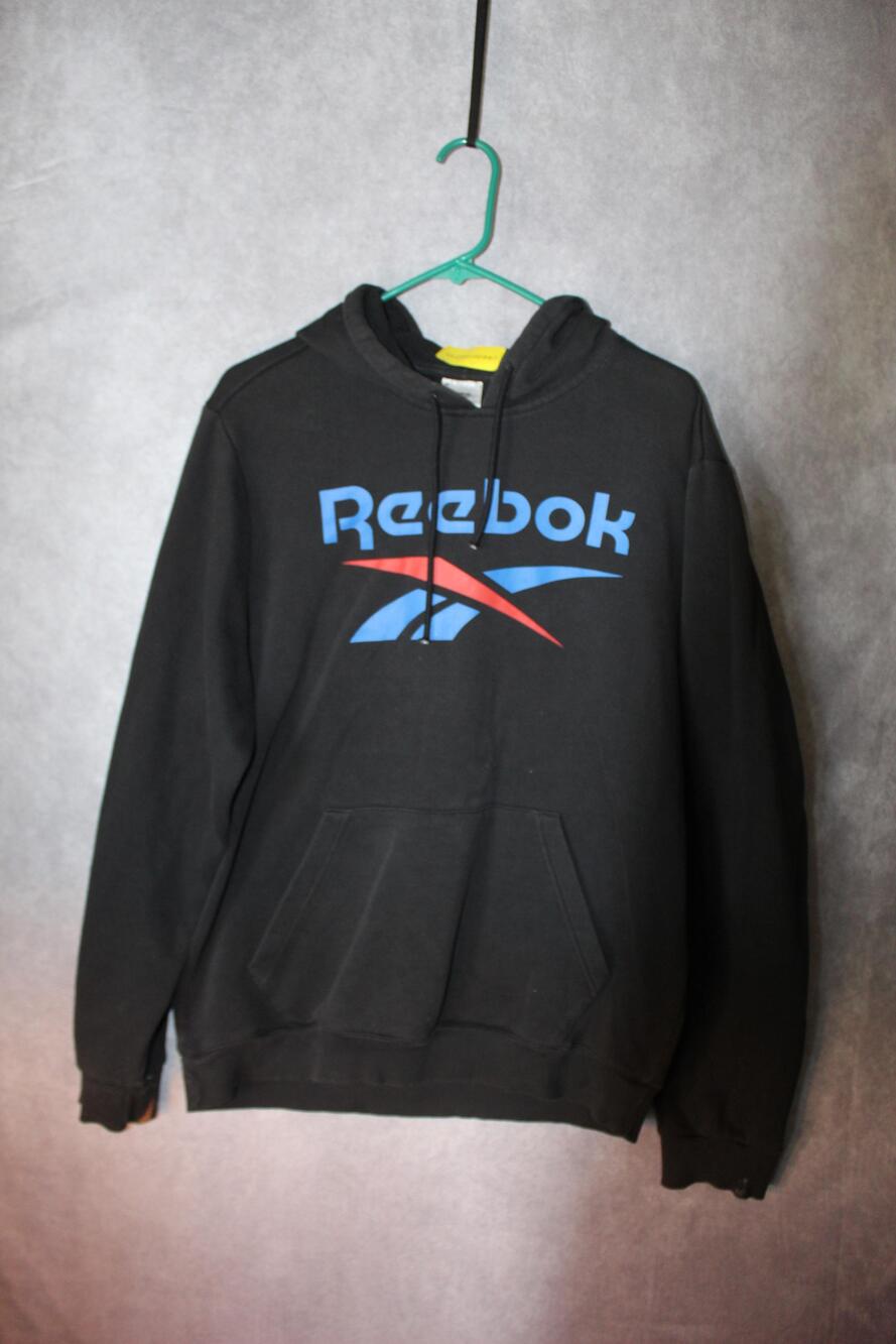 Reebok Hoodie Mens L Black Pullover Fleece Hooded Graphic Print Logo Pockets